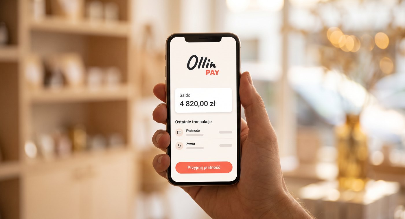 Aplikacja OllinPay na telefonie - saldo, ostatnie transakcje i koralowy przycisk Przyjmij płatność