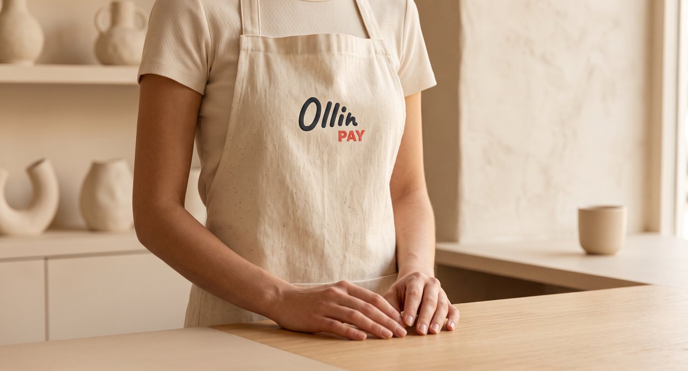 Kremowy fartuch obsługi sklepu z haftowanym logotypem OllinPay
