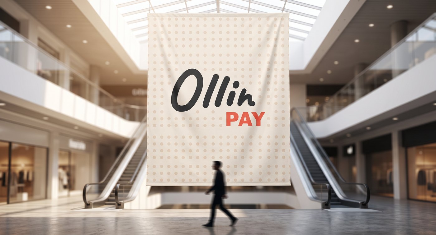 Wielkoformatowy baner OllinPay w atrium galerii handlowej, sylwetka przechodnia daje skalę
