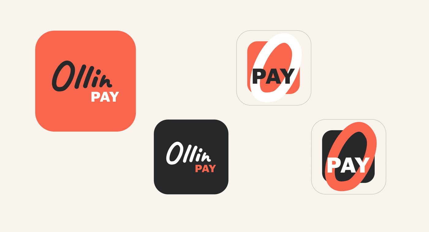 OllinPay - cztery warianty ikony aplikacji na koralu, czerni i bieli
