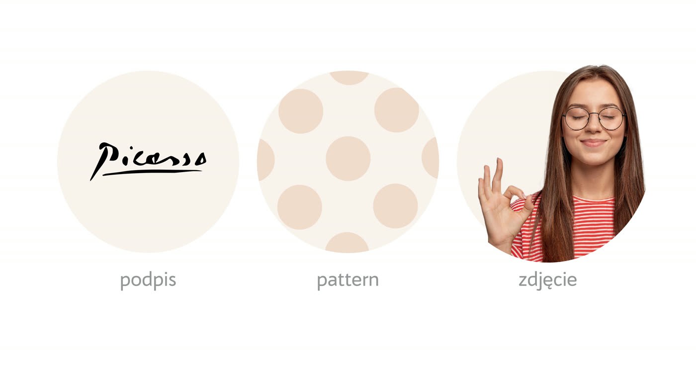Koncept A - moodboard: podpis Picassa, pattern kropek, zdjęcie z gestem OK