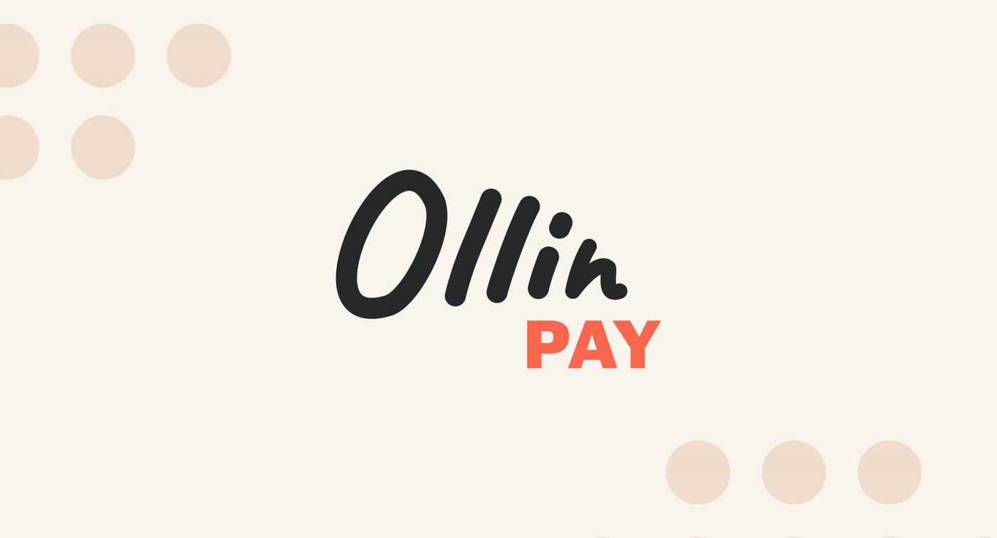 Logotyp OllinPay - odręczny znak Ollin z koralowym PAY na kremowym tle w kropki