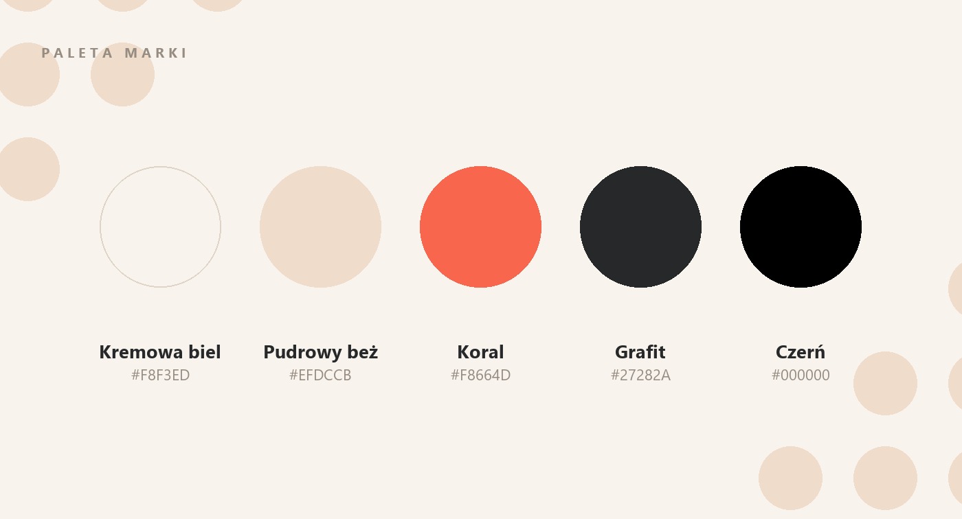 Paleta marki OllinPay - kremowa biel, pudrowy beż, koral, grafit i czerń z kodami hex