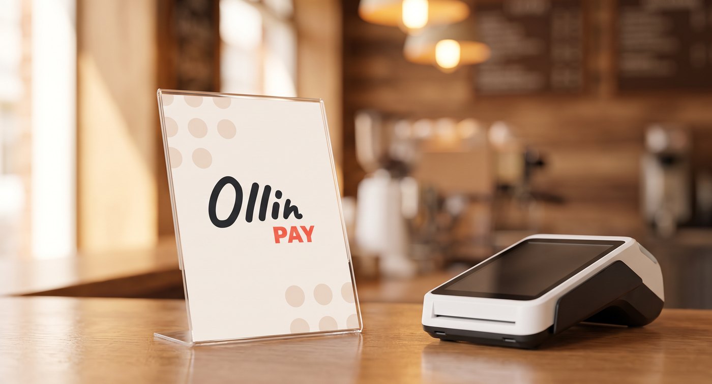 Standzik z logotypem OllinPay obok terminala płatniczego na ladzie