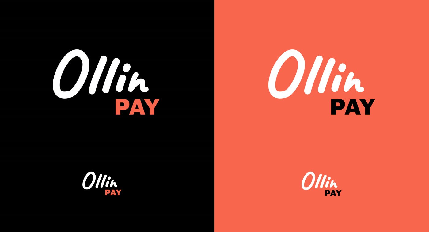 OllinPay - wersje kolorystyczne logotypu na czerni i na koralu
