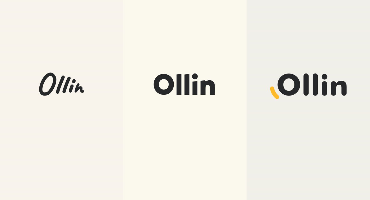 Zestawienie trzech logotypów Ollin obok siebie, każdy na własnym tle