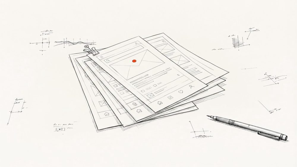 Design Sprint - plik makiet ekranów z czerwonym znacznikiem na wierzchniej wersji
