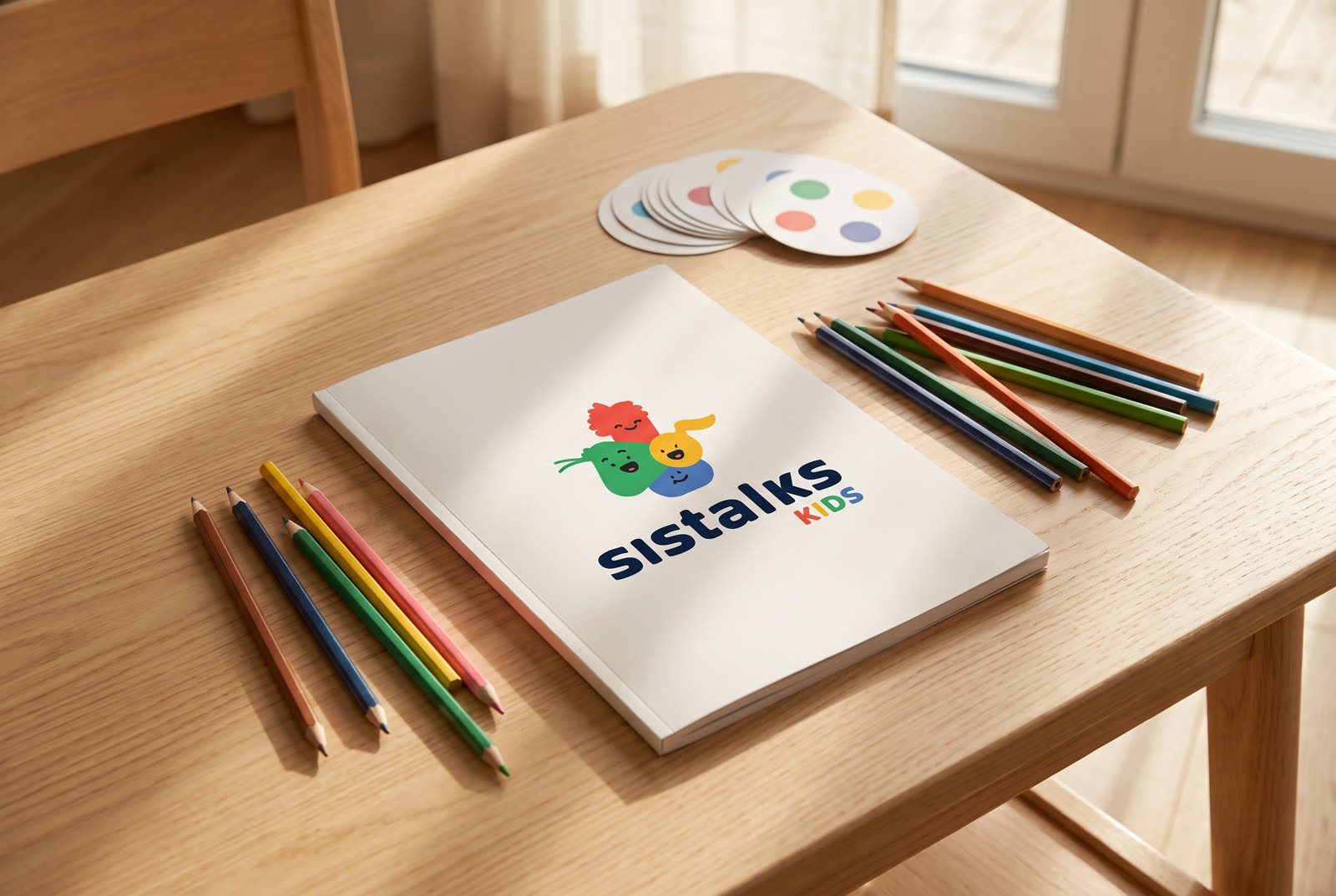 Zeszyt ćwiczeń sistalks KIDS na stoliku z kredkami
