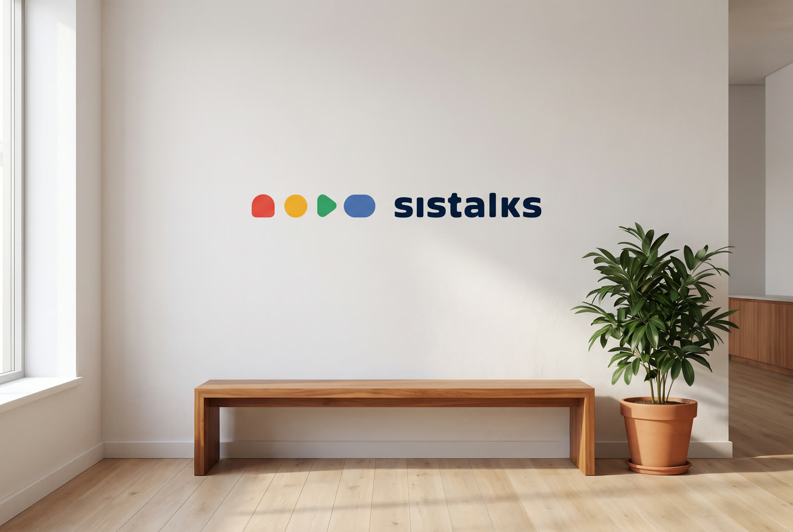 Logo sistalks na ścianie wnętrza szkoły językowej