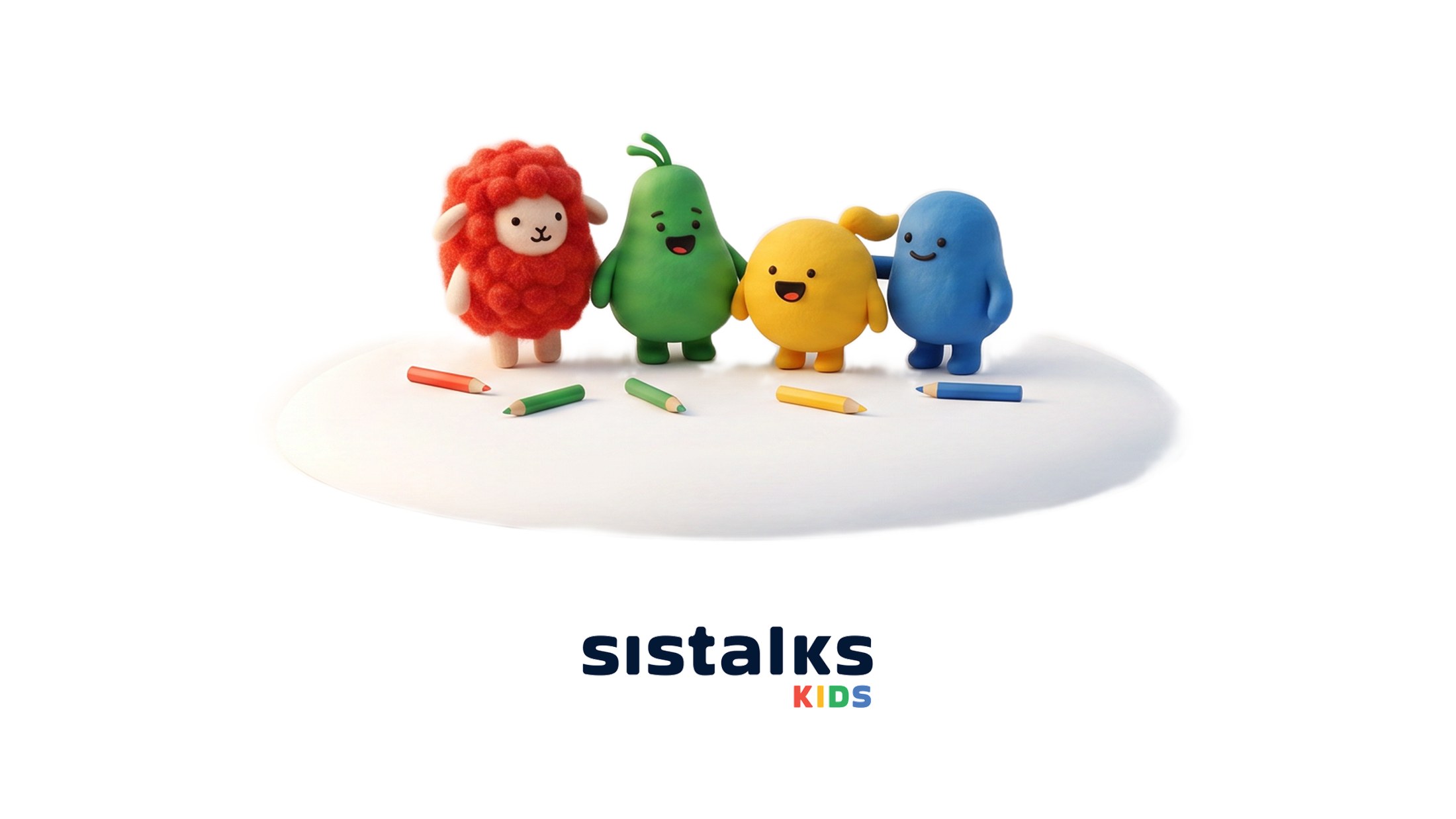 Sistalks KIDS - cztery kolorowe stworki z kredkami na białym podeście